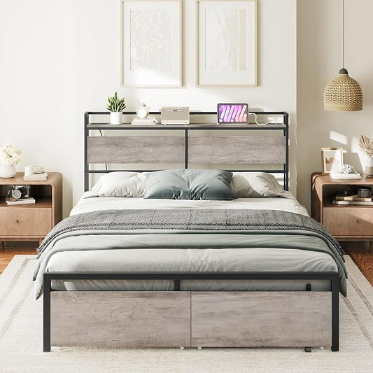 HOOBRO Queen Size Headboard, Headboard with 2 Outlets and 4 USB Ports, Adjustable Height, Storage Rack, Sturdy and Stable, Easy Assembly, Greige and Black