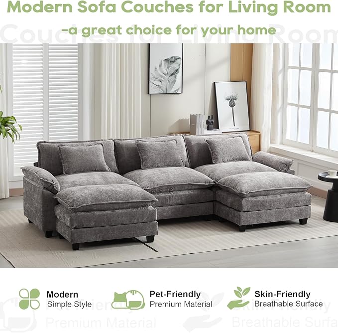 Oprisen 120" Modular Sectional Sofa, Comfy Cloud Couch Sectional Sofa with Ottoman, Chenille Sofa Sleeper Deep Seat Sofa with Throw Pillows for Living Room (Light Gray, 120"- U Shape)