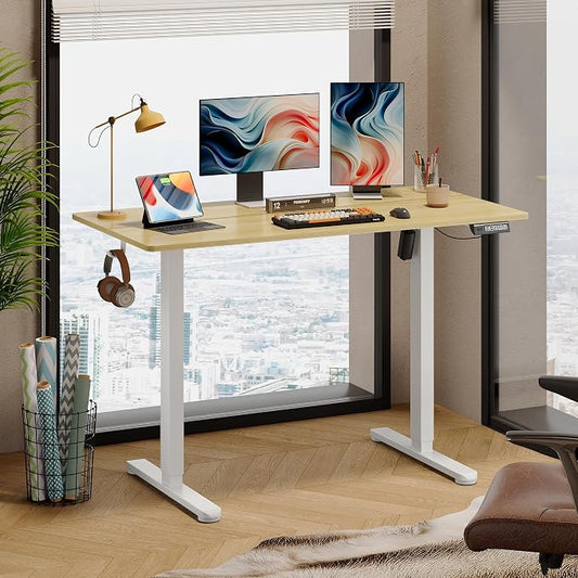 DEVAISE 48 Inch Electric Standing Desk, 3 Adjustable Computer Desk for Home Office, Ergonomic Sit to Stand Desk with LED Touchscreen, Headphone Hook, 3 Memory Preset, with Split Top, Maple