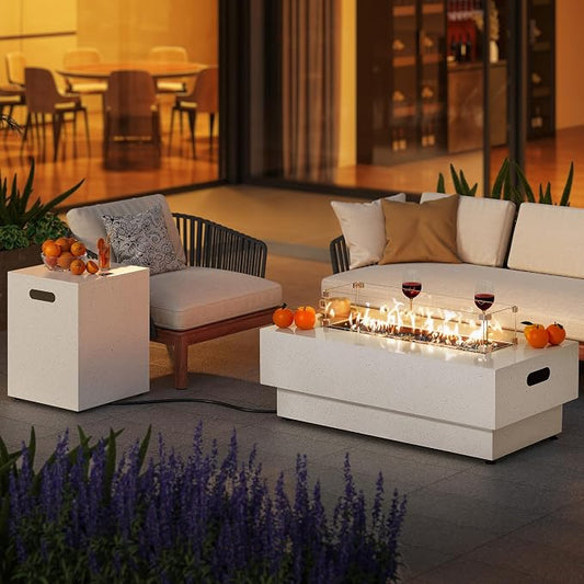 IRONCK 43-inch Outdoor Propane Fire Pit Table w Tank Table, CSA Certified, 2 in 1 Rectangular Patio Fire Pit w Glass Rocks, Wind Guard and Cover, 50000 BTU Outdoor Heater for Garden, Pool, White