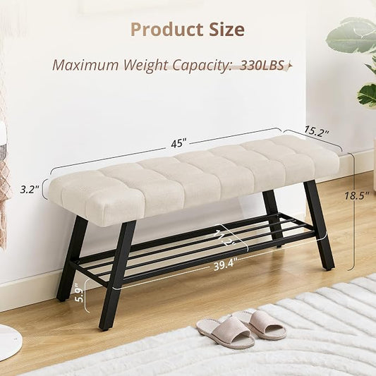 LUE BONA 45" Entryway Bench with Storage Shelf, End of Bed Bench with Tufted Linen Fabric Seat, Bedroom Bench with Metal Frame, 330 LBS Capacity for Entryway, Living Room, Hallway, Linen Color