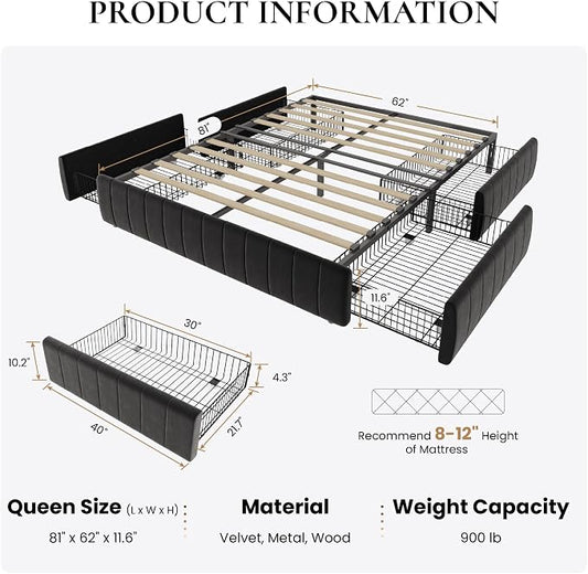 SHA CERLIN Queen Size Velvet Upholstered Platform Bed Frame with 4 Storage Drawers, Vertical Channel Tufted, Low Profile, Fits Standard Headboards, Wooden Slats Support, Easy Assembly, Black