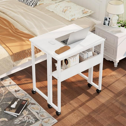 GreenForest Folding Desk with Wheels, 31.5 Inch Compact Rolling Computer Table with Storage Shelf, Portable Mobile Workstation for Small Spaces, Easy Assembly, Pure White