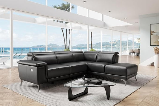 Valencia Pista Leather Reclining Sectional Sofa with Right Hand Chaise - Italian Nappa 11000 Top Grain Leather Couch - Power Reclining Seat with Leggett Adjustable Headrests - Black