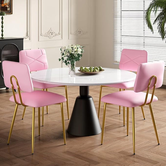 VECELO Dining Chairs Set of 4, Modern Upholstered Kitchen Chairs with Faux Leather Cushion Seat & Metal Legs for Kitchen, Living Room, Tufted Backrest Design, Pink