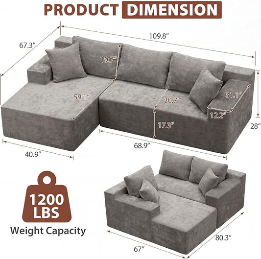 Homall 110" Boneless Sectional Couch, Modular Sectional Sofa L-Shape Couch with Deep Seat, Cloud Comfy Boneless Couch for Living Room, No Assembly Required (Chenille, Grey)