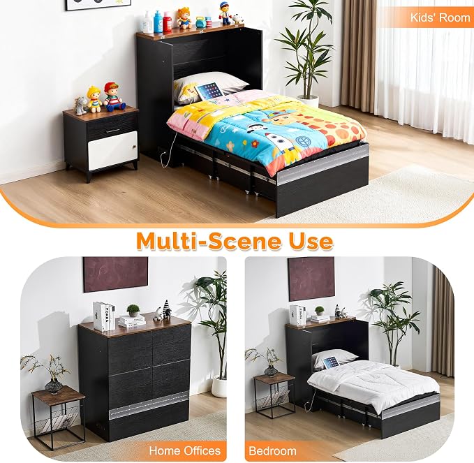 VINGLI Twin Size Murphy Bed with LED Lights, Storage Drawer & Built-in Charging Station, Space-Saving Cabinet Bed for Kids,Adults & Guests,Classic Black