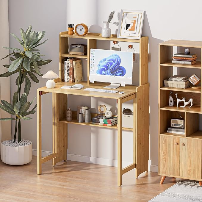 Bamboo Folding Desk for Small Spaces with Storage, Mid Century Foldable Desk with Bookshelf, Small Desks with Storage for Home Office Bedroom, Natural