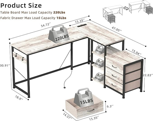 YOSHOOT 55" L Shaped Computer Desk with 3 Fabric Drawers, Gaming Desk | Office Desk with Power Outlets & Open Shelves, Corner Desk L Shape for Home Office Work Study, Grey