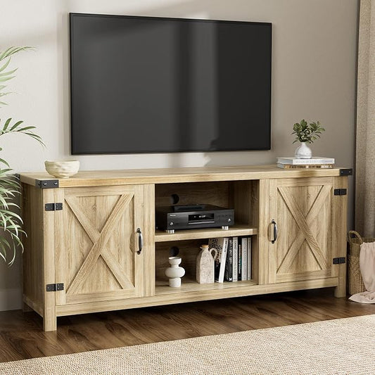 YESHOMY Modern Farmhouse TV Stand with Two Barn Doors and Storage Cabinets for Televisions up to 65+ Inch, Entertainment Center Console Table, Media Furniture for Living Room, 58 Inch, White Oak