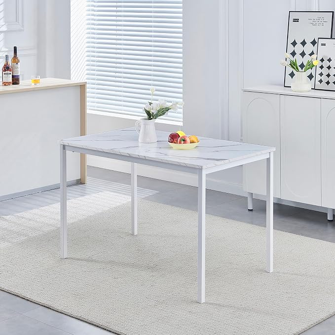 47 Inches White Faux Marble Dining Table for 2-4 People, Modern Rectangular Kitchen Table for Dinner Table for Dinner(MDF Top with Metal Legs and Frame