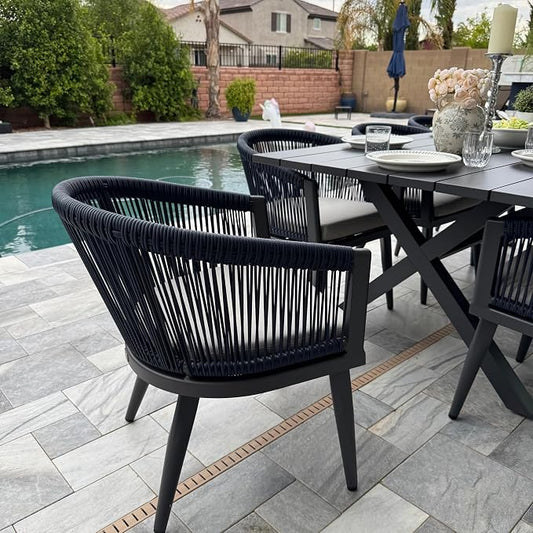 PURPLE LEAF Patio Dining Set for 6 All-Weather Wicker 7 Piece Aluminium Outdoor Table and Chairs Set Included Cushions for Backyard Indoor Decor Kitchen Modern Outdoor Furniture Set Grey and Navy