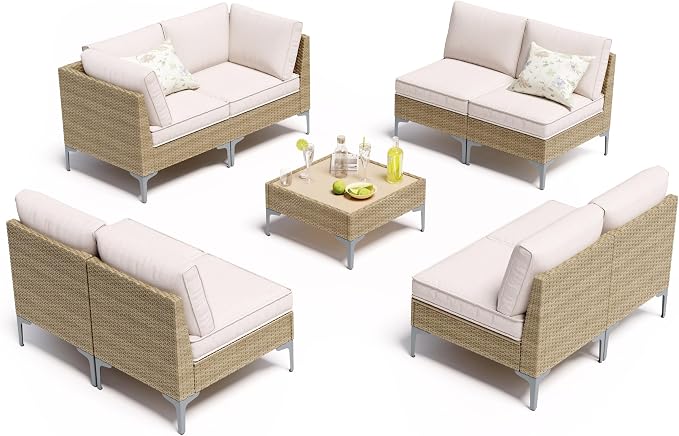 9-Piece Patio Furniture Set, Outdoor Wicker Sectional Sofa with Coffee Table, Anti-Slip & Thick All-Weather Cushions for Sunroom,Garden,Backyard, Beige