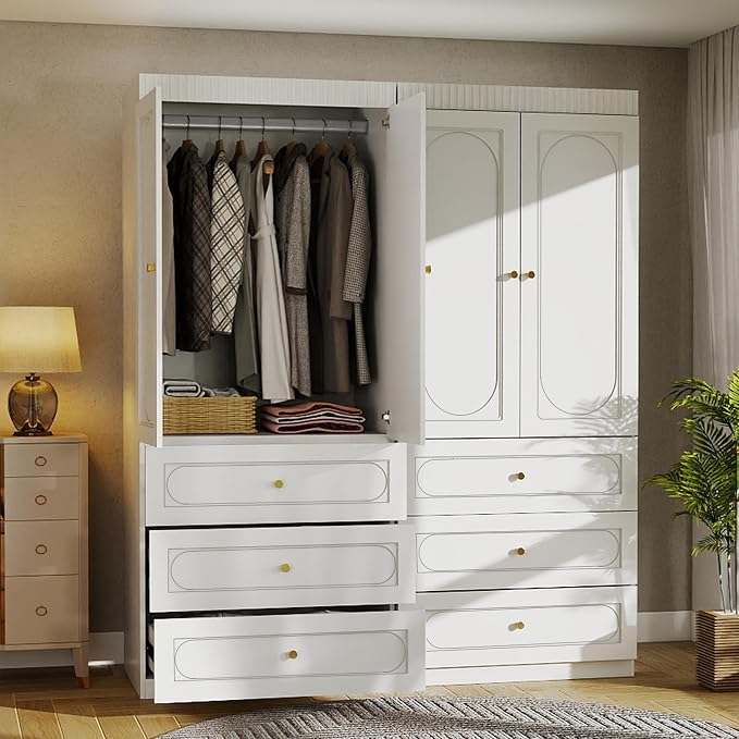 Armoire Wardrobe Closet with Drawers: 74" Tall White Wardrobe Closet with Doors, Large Bedroom Armoires for Clothes, Wood Closets for Hanging Clothes (31.5 in-2 Doors)
