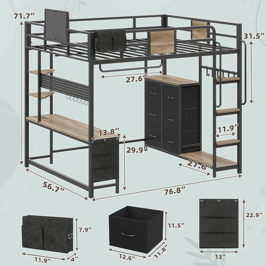Dnxao Full Size Loft Bed with Desk, Heavy Duty Metal Bed Frame for Teens Adults, 6 Storage Drawers, Power Outlet with Type-C, LED Lights, Integrated Study Workstation for Small Room,Oak Gray