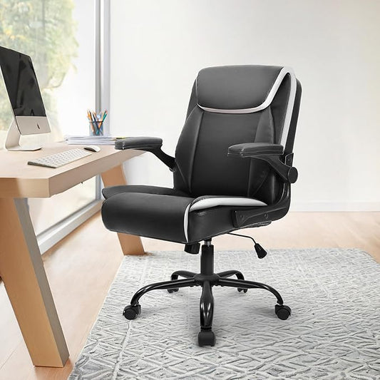 NEO Chair Mid-Back Home Office Executive Desk Chair Computer Gaming Ergonomic Chair with Adjustable Padded Flip-Up Armrests Wheels Swivel for Task Study (Leather Black)