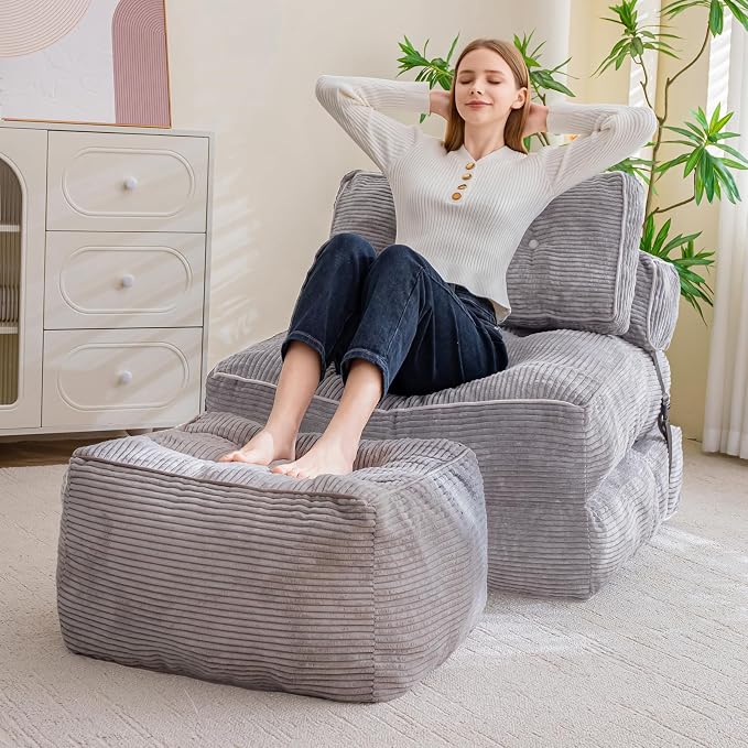 HIGOGOGO Square Stuffed Pouf Ottoman, Corduroy Poufs with Foam Chunk Filling, Furry and Fluffy Pouf Foot Stool Storage Ottoman, 25.6 X 25.6 Floor Poufs Foot Rest for Living Room, Grey