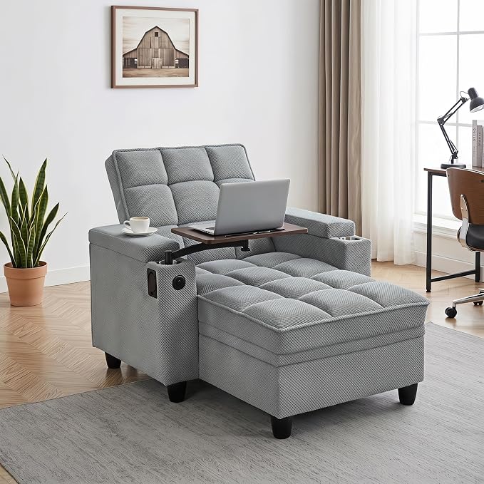 Convertible Sleeper Chair, Pull Out Sofa Bed with Adjustable Backrest & Hidden Storage Armrest, Single Sofa Recliner with USB Charging Port & Cup Holders for Living Room, Bedroom, Gray