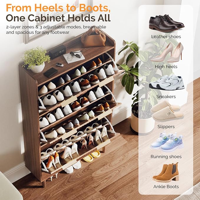 VINGLI Fluted Shoe Storage Cabinet for Entryway with 3 Flip Drawers, Narrow Shoe Organizer with Fluted Panel, Freestanding Wood Hidden Shoe Cabinet for Foyer, Hallway (Dark Walnut, 3 Flip Drawers)