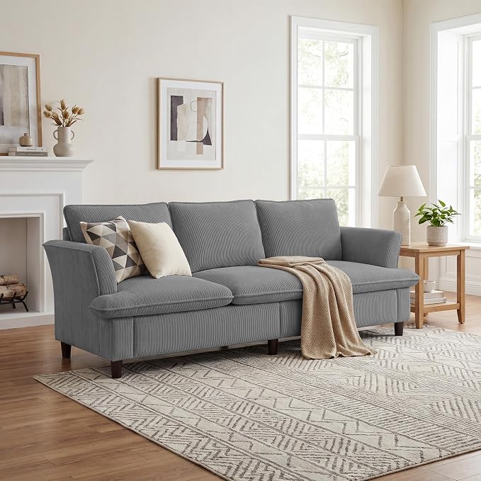 GRUSIGN 3 Seater Corduroy Couch, 89" Comfy Couch with Deep Seat, Modern Sofa Couch for Living Room, Office, Bedroom, Apartment (Pillows not Included)