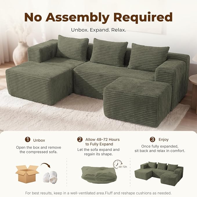 Modular Sectional U-Shaped Sofa with Deep Seat, Modern Boneless Comfy Corduroy Fluffy Couch with Side Pockets and Anti-Slip & Floor-Friendly Bottom for Living Room, No Assembly, Green