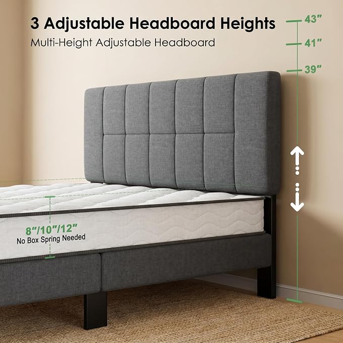 Marsail Queen Upholstered Bed Frame, Solid Wood Adjustable Headboard, 12 Support Legs Hold Up to 1300 Lbs, Sturdy & Durable, Fits 6"-12" Mattresses, Ideal Height, Easy Assembly, Dark Gray