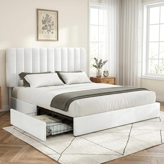VECELO Full Size Upholstered Bed Frame with 4 Drawers and Headboard, Velvet Platform Storage Bedframe, Wooden Slats Support, No Box Spring Needed,Snow-White