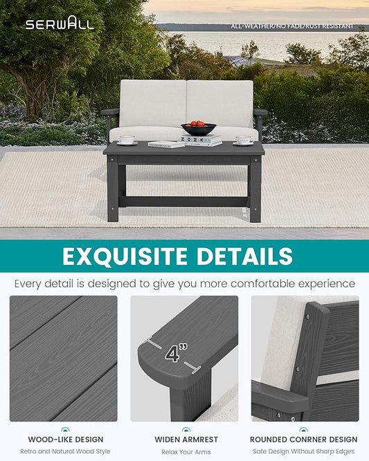 SERWALL HDPE Outdoor Patio Loveseat, All Weather Wood-Like Outdoor Sofa HDPE Outdoor Furniture, Grey Frame and Khaki Cushion