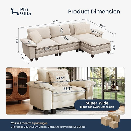 PHI VILLA Cloud Modular Couch Sets, 123.6" Sectional Sofa with L-Shaped Chaise, 4-Seater Upholstered Couches with Movable Ottoman for Living Room, Chenille Fabric, Beige
