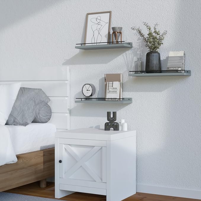 WOPITUES Floating Shelves with Black Metal Guardrail, Shelves for Wall Decor Set of 3, Wall Shelves for Bedroom, Bathroom, Kitchen, Living Room, Plants, Picture Frames, Art- Grey
