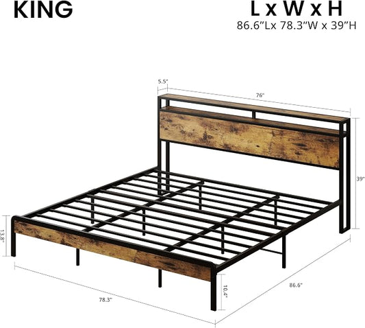 LIKIMIO King Size Bed Frame, Platform Bed with 2-Tier Storage Headboard | Metal Bed Frame, Solid and Stable, Noise Free, No Box Spring Needed, Easy Assembly, Durable, Industrial Brown