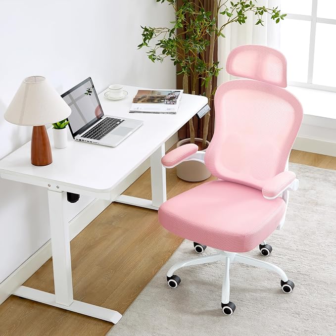 Ergonomic Office Chair,Ultra Thick Spring Cushion Desk Chair,Pink | Adjustable Lumbar Support and Headrest,Flip-up Arms,Rocking Function,Mesh Home Office Computer Chair