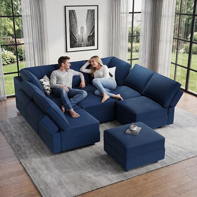 Vesgantti Modular Sofa Bed with Storage, 92" Sleeper Sofas with 9 Seats Storage Chaises Removable Cover, Luxury Large Velvet Sectional Couch Set for Living Room, Apartment, Home Theater, Blue