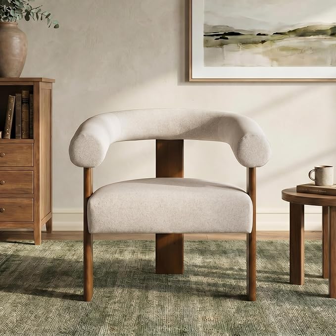 VKNOW Accent Chair, Vanity Chair with Armrests and Walnut Legs, Khaki | Mohair-type Fabric, Barrel Back, Armrests, For Adults and Family, Living Room, Bedroom, Vanity, No Wobble, Easy Assembly
