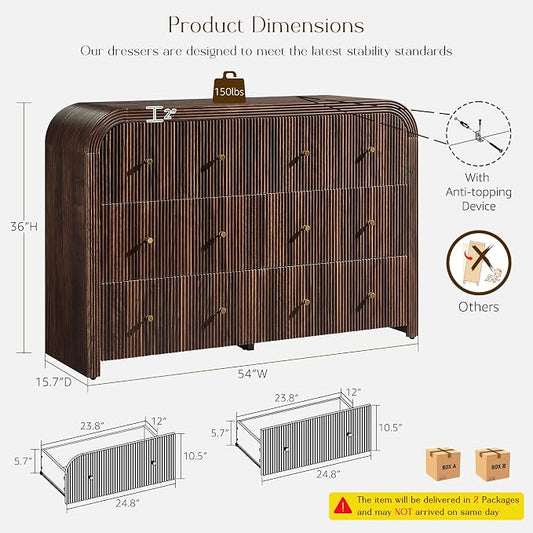 T4TREAM Fluted Dresser for Bedroom with 6 Drawers, 54" Wide Modern Chest of Drawers with Thickened Curved Profile Design, Wood Dressers TV Stand for Bedroom, Living Room, Hallway, Dark Walnut