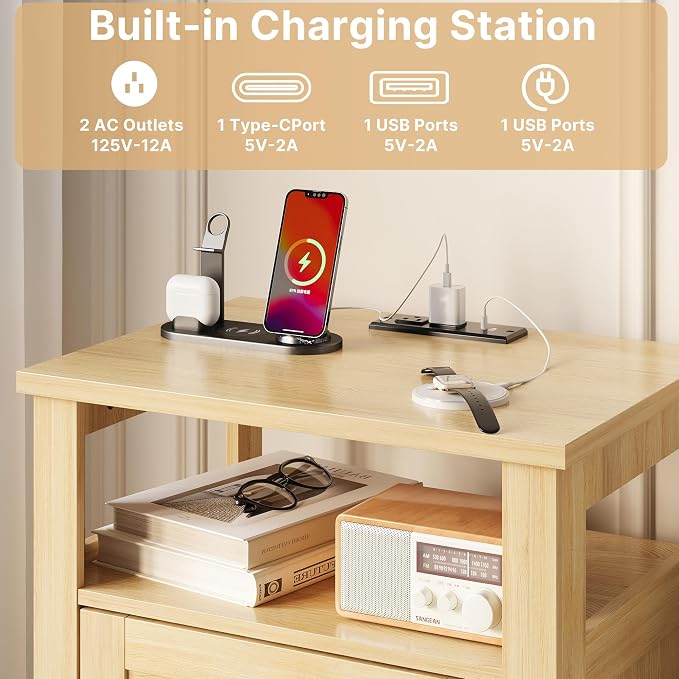 Decofy Farmhouse Nightstand with Charging Station, Modern End Tables with 2 Drawers & Open Shelf, Outlets, USB Ports and Type-C Ports, Wood Rustic Nightstands for Bedroom (2 Pack, Oak)