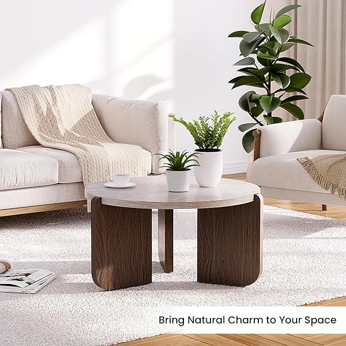 SUNBURY Modern Round Coffee Table with Sturdy Base, Wood Center Tables for Living Room Reception Room, Faux Marble Tabletop, Easy Assembly (Only One Coffee Table Included)