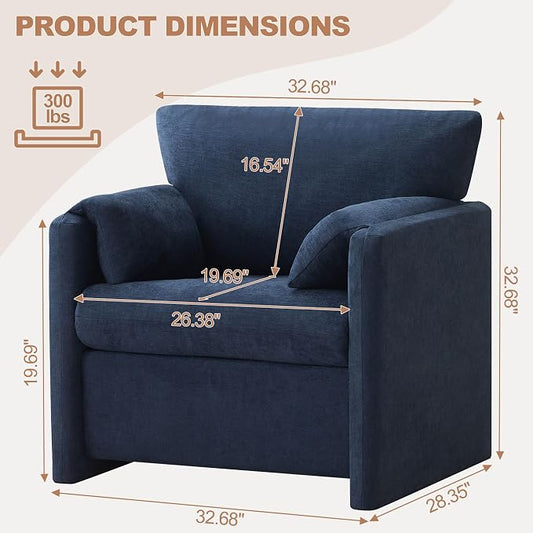 Oversized Accent Chair for Living Room, 32.68" Large Modern Armchair Set of 2 with Deep Seat, Mid-Century Comfy Reading Chair with Padded Arms, Chenille Single Sofa Chairs for Bedroom, Blue