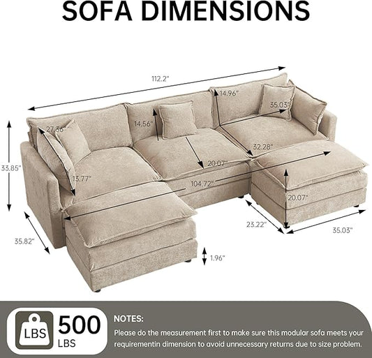 HIPIHOM Modular Sectional Sofa, 112.2 Inch U Shaped Couch Set with Armrests, 3-Seater Comfy Cloud Couches for Living Room Apartment, Coffee