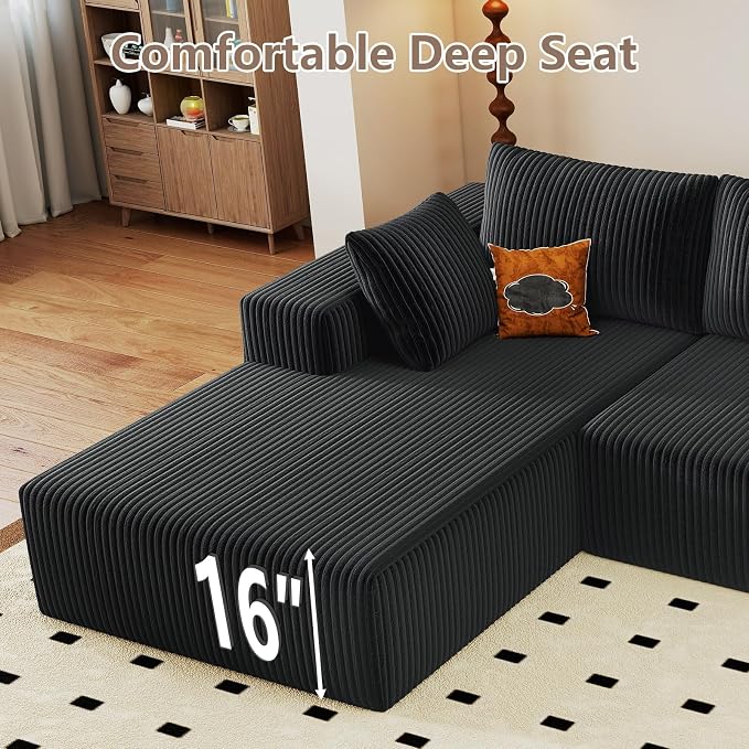 95" Cloud Sectional Couch U-Shaped Chaise with Ottoman, Corduroy Boneless Couch for Living Room Bedroom, Deep-Seat Upholstered Modular Cloud Sofa, No Assembly Required (Black, Left Facing Chaise)
