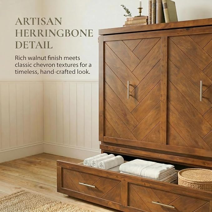 Bellemave Queen Murphy Bed with Charging Station and Storage, Farmhouse Murphy Bed with Foldable Panel for Guest Bedroom, Living Room, Office, Walnut