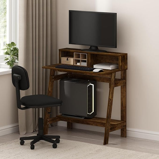 Furinno Simplistic Desk, 32" Wide Gaming Desk with Monitor Stand, A Frame Computer Desk with Shelf, Office Desk for Home Office, Bedroom, Study Room, Dorm, Amber Pine
