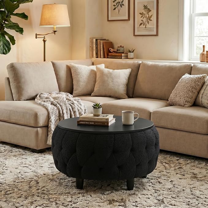 Large Round Storage Ottoman Coffee Table with Wooden Tabletop, 32 Inches Teddy Fleece Tufted Ottoman for Living Room, Bedroom, Apartments (Black)