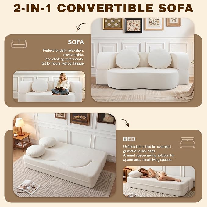 Vongrasig 77” Convertible Sofa Bed, Folding Boneless Couch, Floor Sofa 2-in-1 Curved Couch for Small Living Room, Apartment, Guest Room, White