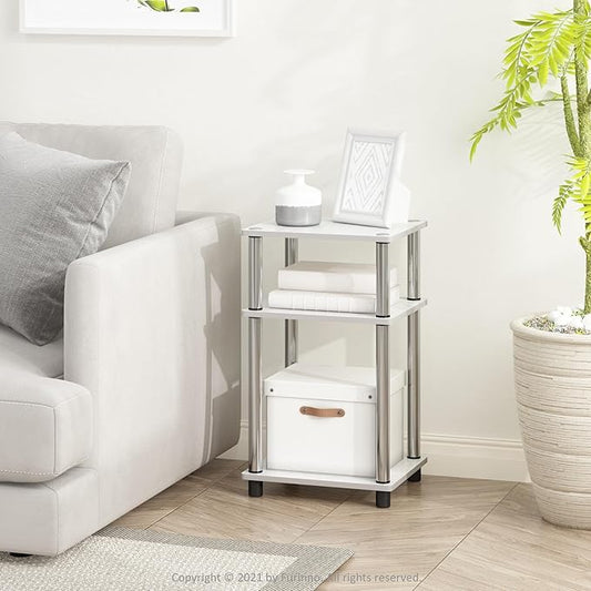 Furinno JUST Side Table Set of 2, 3-Tier Modern End Tables, Toolless Assembly Night Stand, Nightstand, Toolless Assembly, for Living Room, Bedroom, White Oak/Stainless Steel