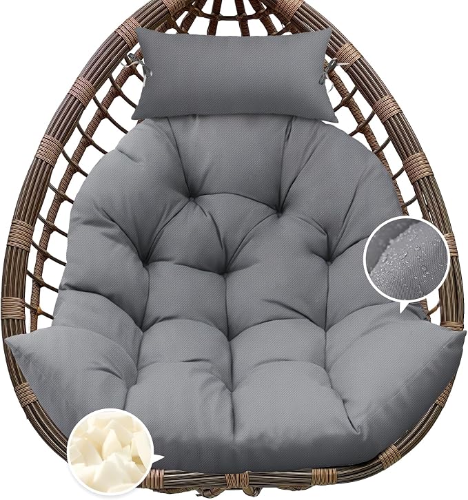 Outdoor Hanging Egg Chair Cushion Replacement, Thicken Egg Chair Cushion Waterproof Basket Eggs Chairs Cushion with Headrest Pillow, U-Shaped Cushions for Hanging Eggs Chairs Swing (Grey)