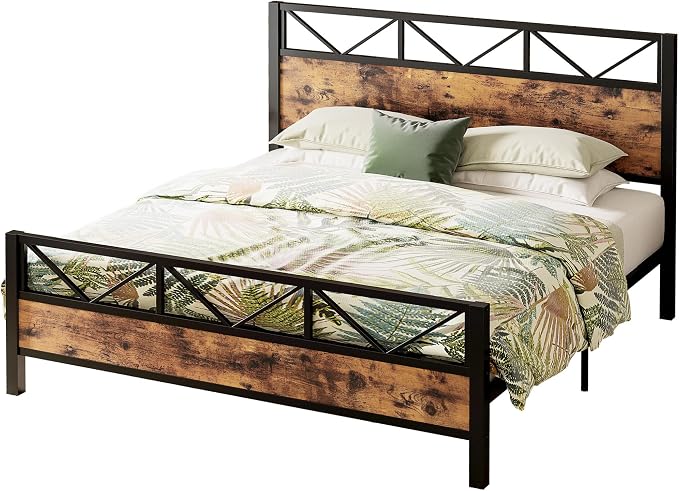 LIKIMIO California King Bed Frame, Tall Industrial Headboard 51.1 ", Platform Bed Frame with Strong Metal Support, Solid and Stable, Noise Free, No Box Spring Needed, Easy Assembly, Vintage Brown