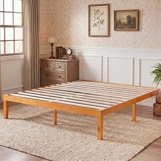 Sweetcrispy King Size Bed Frame 16 inch Heavy Duty Platform Bedframe, 1000 lbs Capacity, Underbed Storage, No Box Spring Needed, Wooden Slats, Easy Assembly with Velcro, Honey Finish