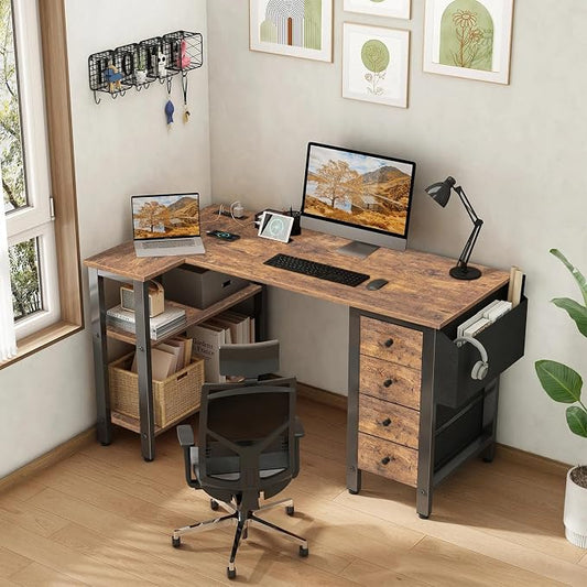 Lufeiya L Shaped Desk with Drawers & Storage Shelves, 47 Inch Small Reversible Corner Desk with Power Outlet for Home Office Bedroom, L-Shaped Gaming PC Computer Desks with Fabric Drawer, Rustic Brown