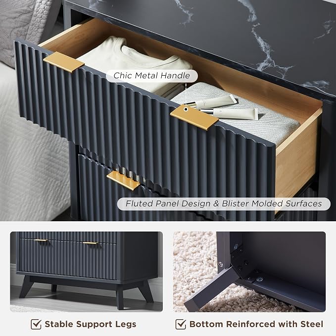 T4TREAM Fluted 3 Drawers Nightstand, Oversized Extra Large Modern Side Table with Faux Marble Top, End Table Bedside for Bedroom, Living Room, Curved Profile Design, Dark Grey
